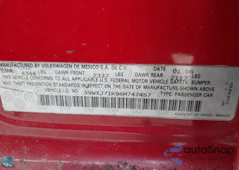 2006 Volkswagen Jetta Gli z USA, uszkodzony, nr VIN 3VWXJ71K96M747457